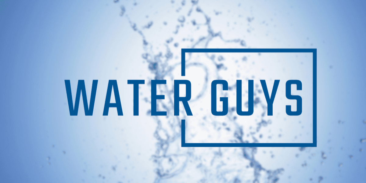 Blue background with splashes of water and the text "WATER GUYS" in bold letters