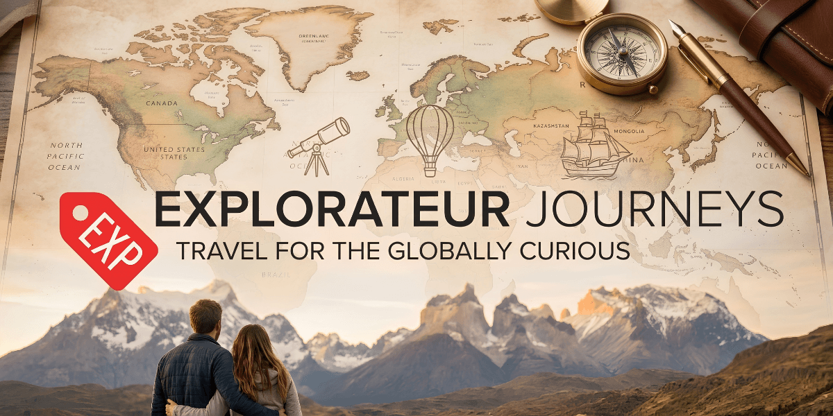 A vintage world map with travel-themed elements and a couple gazing at mountains