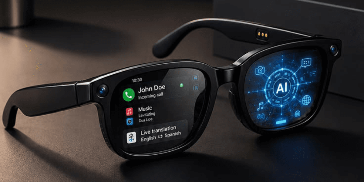 Smart glasses displaying notifications for calls, music, and live translation features