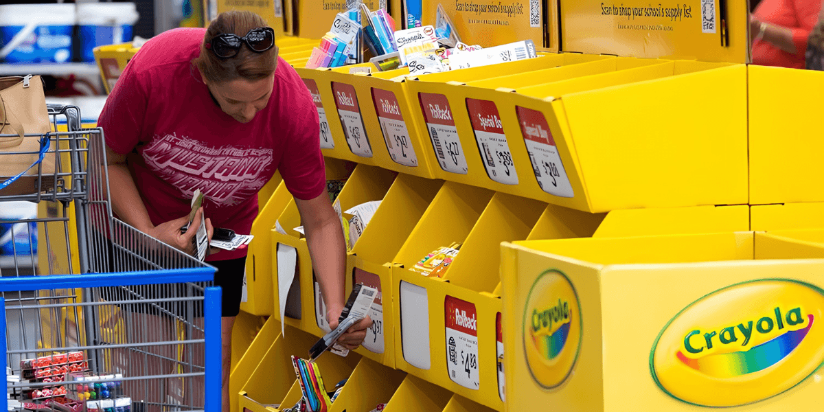 A woman shopping for school supplies at a Crayola display in a store