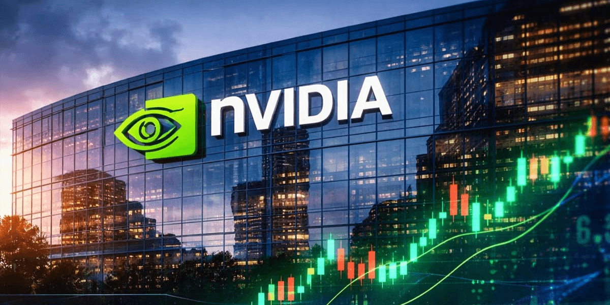 NVIDIA logo on a modern building with stock market graph in the foreground
