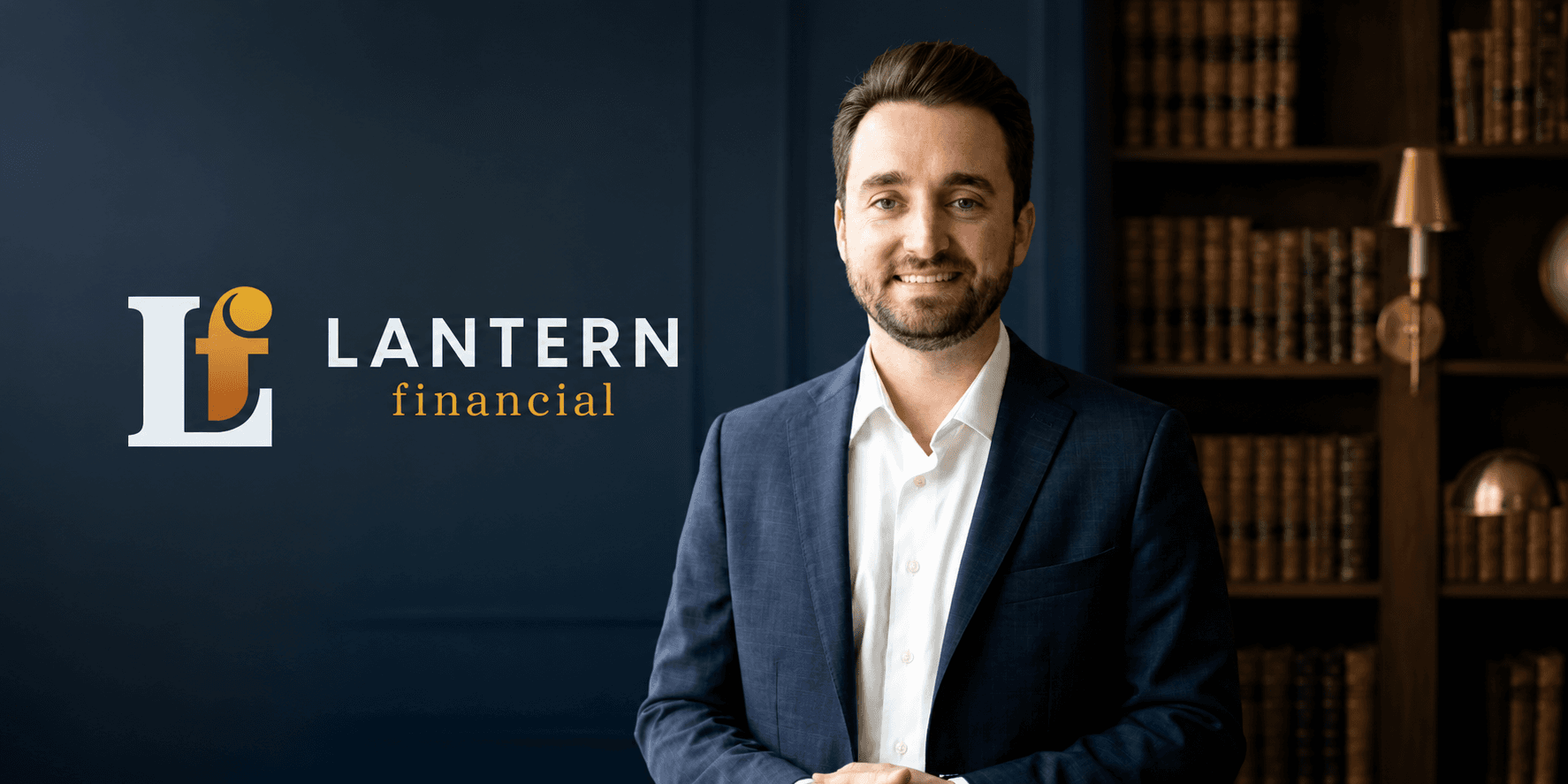 A professional man in a suit stands next to a financial services logo