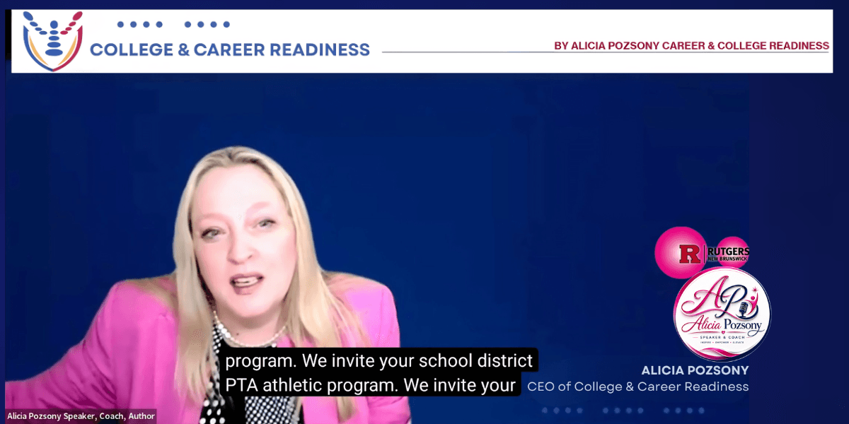 Alicia Pozsony speaking at a College & Career Readiness event with a blue background