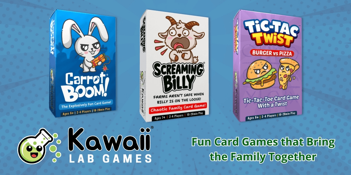 Three fun card game boxes by Kawaii Lab Games with vibrant illustrations and titles