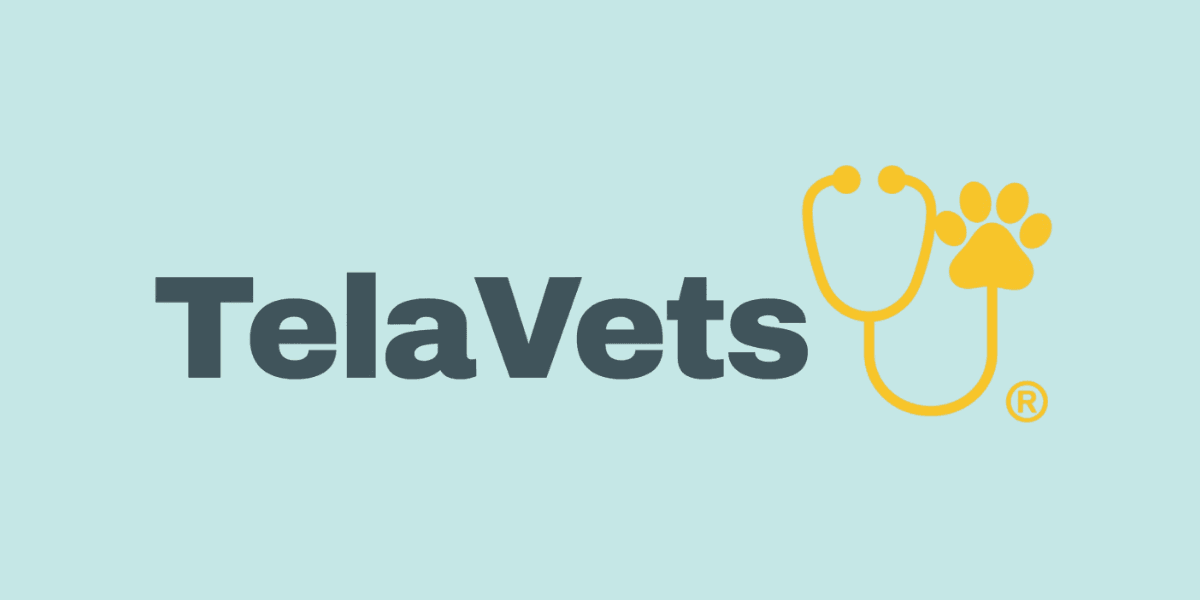 Logo of TelaVets featuring a stethoscope and a paw print in yellow