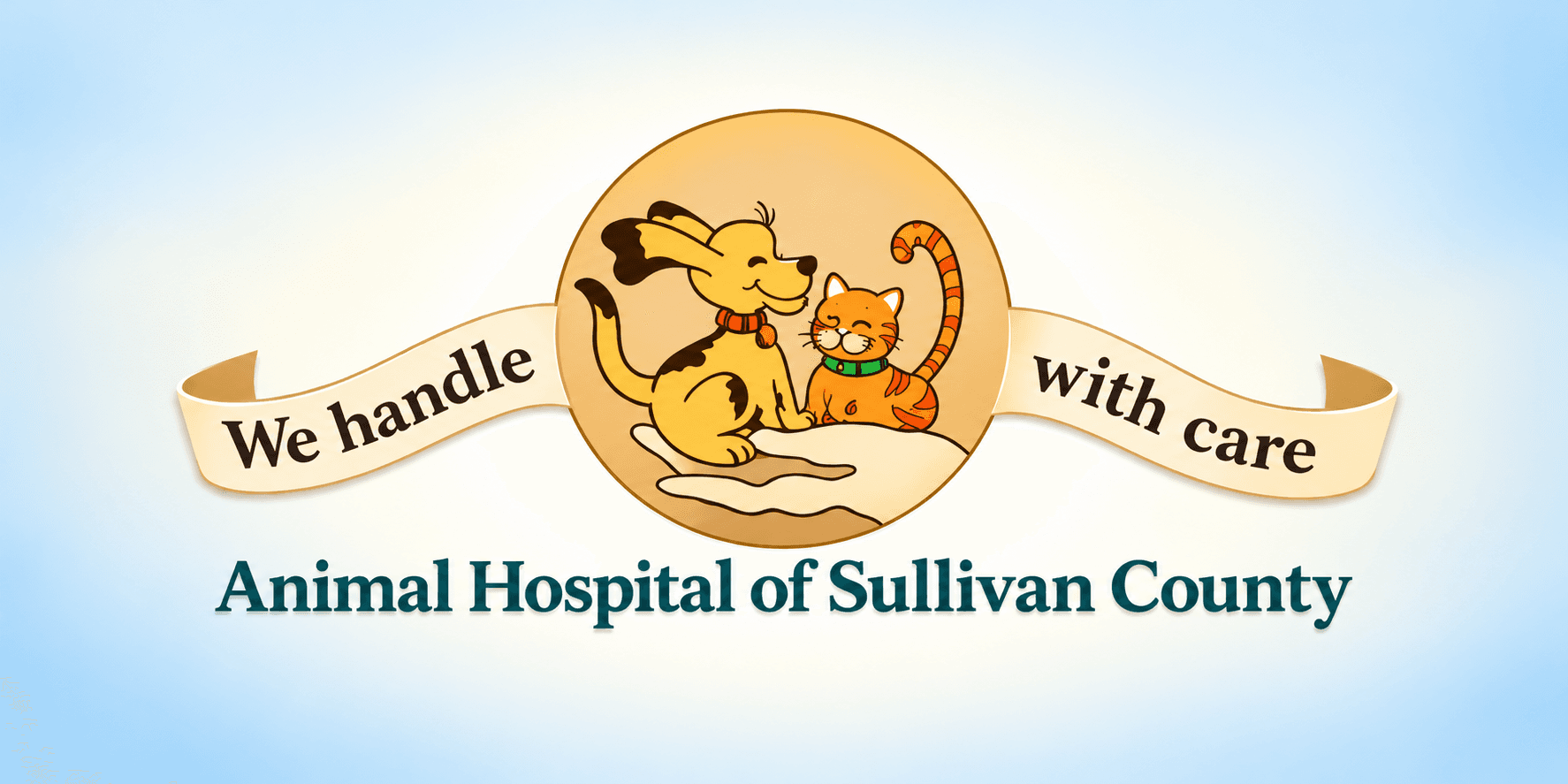 Logo of Animal Hospital of Sullivan County featuring a dog and cat with a caring hand