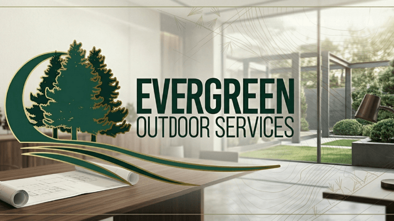 Evergreen Outdoor Services logo over modern landscaped backyard with patio, greenery, and architectural plans on desk