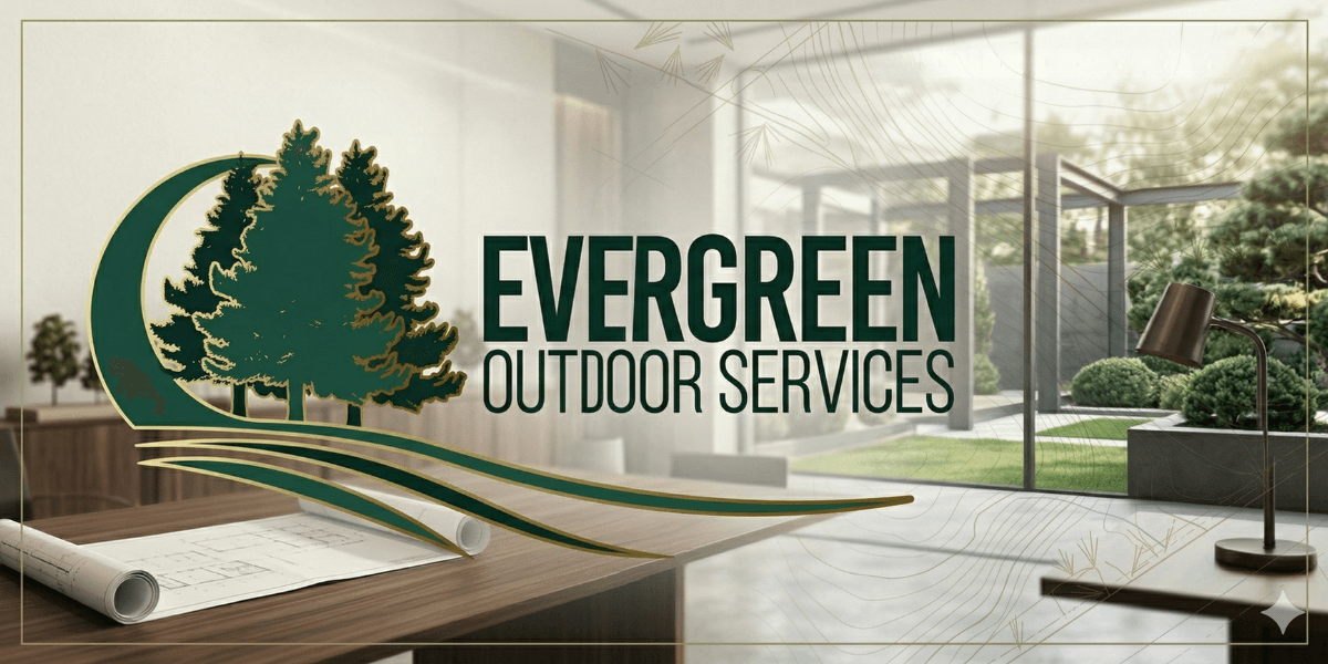 Evergreen Outdoor Services logo over modern landscaped backyard with patio, greenery, and architectural plans on desk