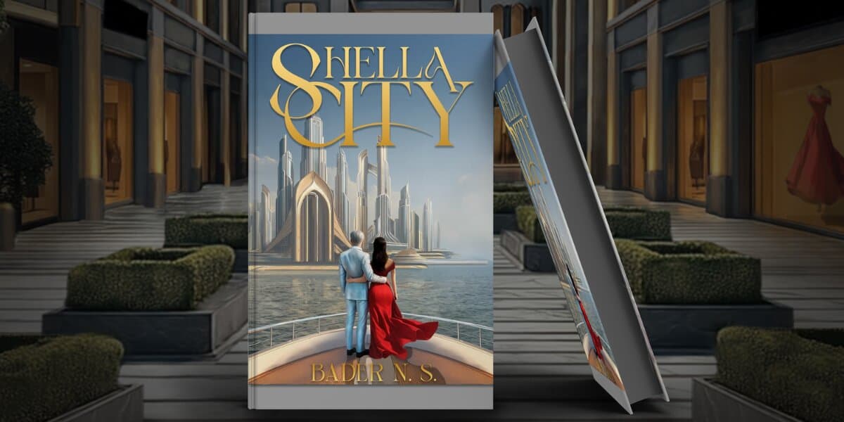 the book cover of Shella City, showcasing futuristic city architecture with a couple in elegant attire.