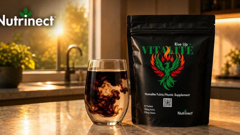 Nutrinect Vitalité Humalite supplement package beside a glass of dissolved fulvic-humic drink in a sunlit kitchen.