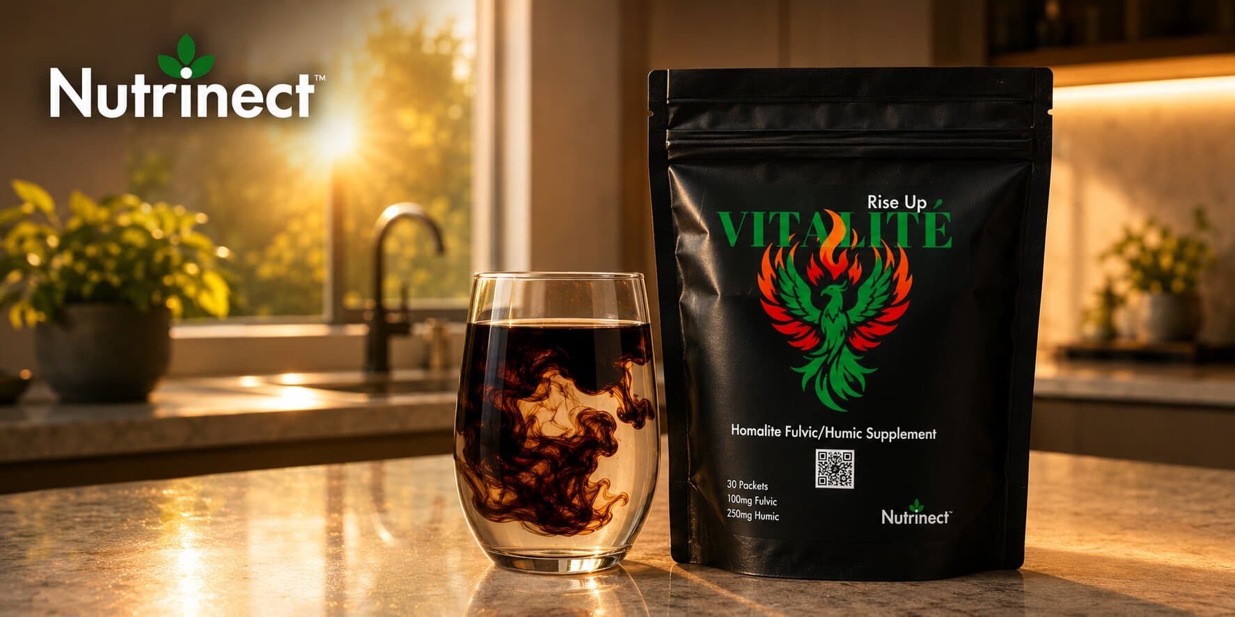 Nutrinect Vitalité Humalite supplement package beside a glass of dissolved fulvic-humic drink in a sunlit kitchen.