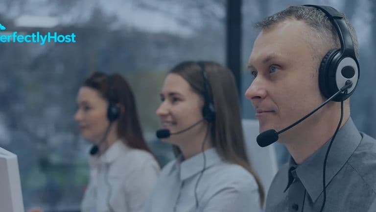 a group of customer service representatives wearing headsets, providing support in a modern, office setting for PerfectlyHost.