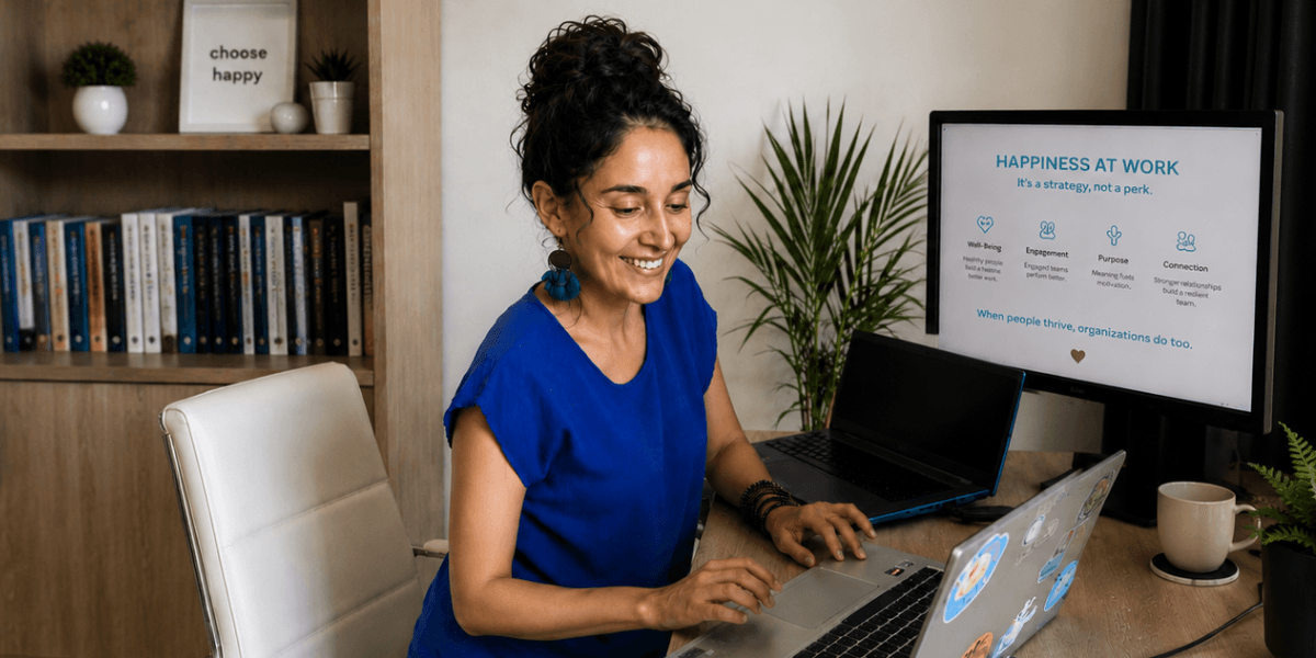 Daniela Jines working at her desk with workplace happiness presentation on screen.