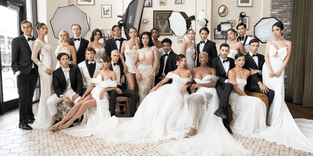 Models wearing bridal gowns and formalwear during the Miles Fashion Expo soft launch photoshoot.