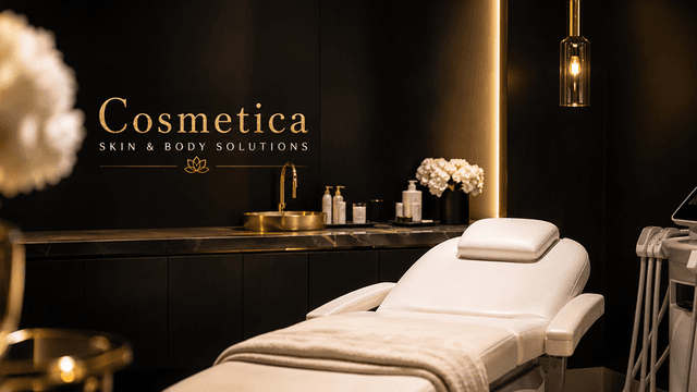 Modern Cosmetica treatment room with aesthetic chair, skincare products, and advanced cosmetic treatment equipment.