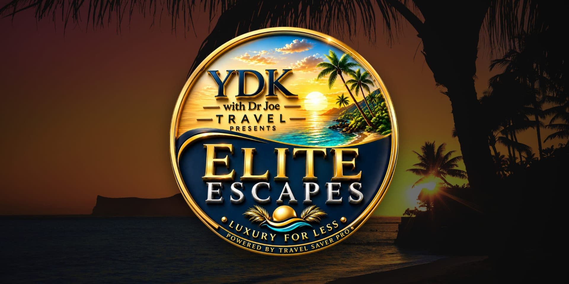 YDK Travel Elite Escapes logo promoting luxury travel against a tropical sunset beach background.