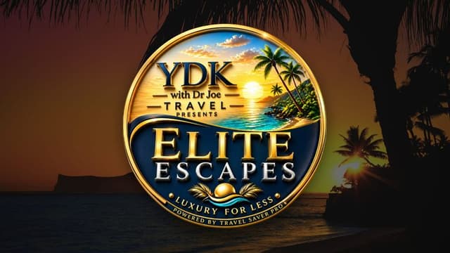 YDK Travel Elite Escapes logo promoting luxury travel against a tropical sunset beach background.