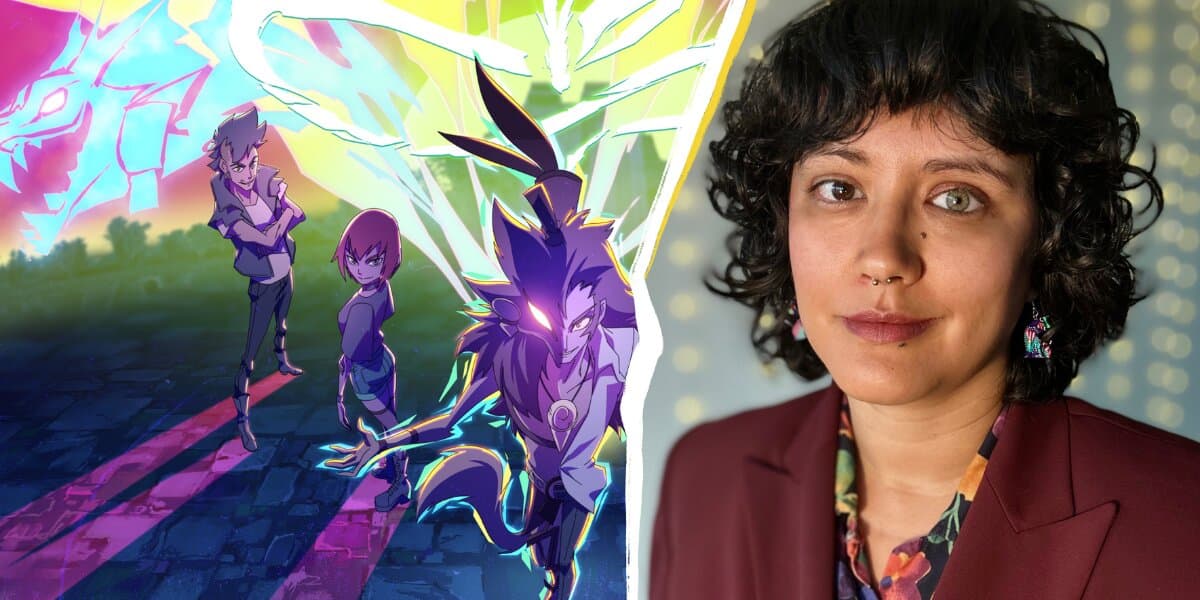 Split image showing The Sixth Sun animated characters beside a portrait of artist Abigail Roscoe in a burgundy blazer.