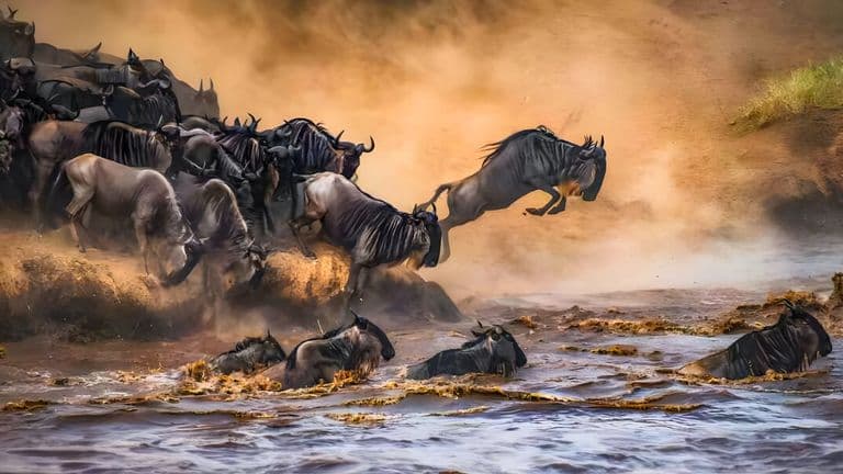 A herd of wildebeest race through a dusty landscape, leaping into a muddy river. The scene is dynamic, conveying urgency and the wildness of nature.
