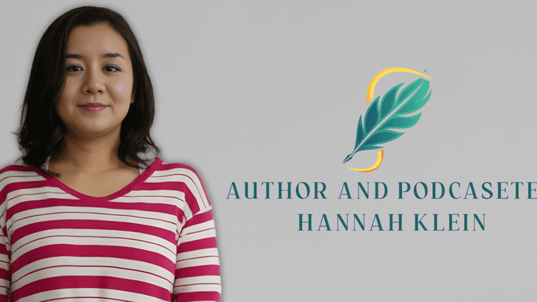 Portrait of Hannah Klein, author and podcaster, with a feather logo symbolizing her focus on responsible media and dialogue.