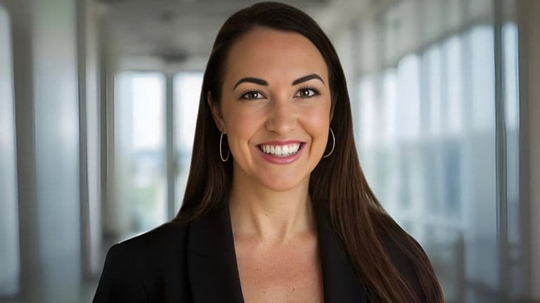 Heidi DeCoux, founder of Cashflowy, smiles confidently while standing in a modern office space, embodying entrepreneurial empowerment.