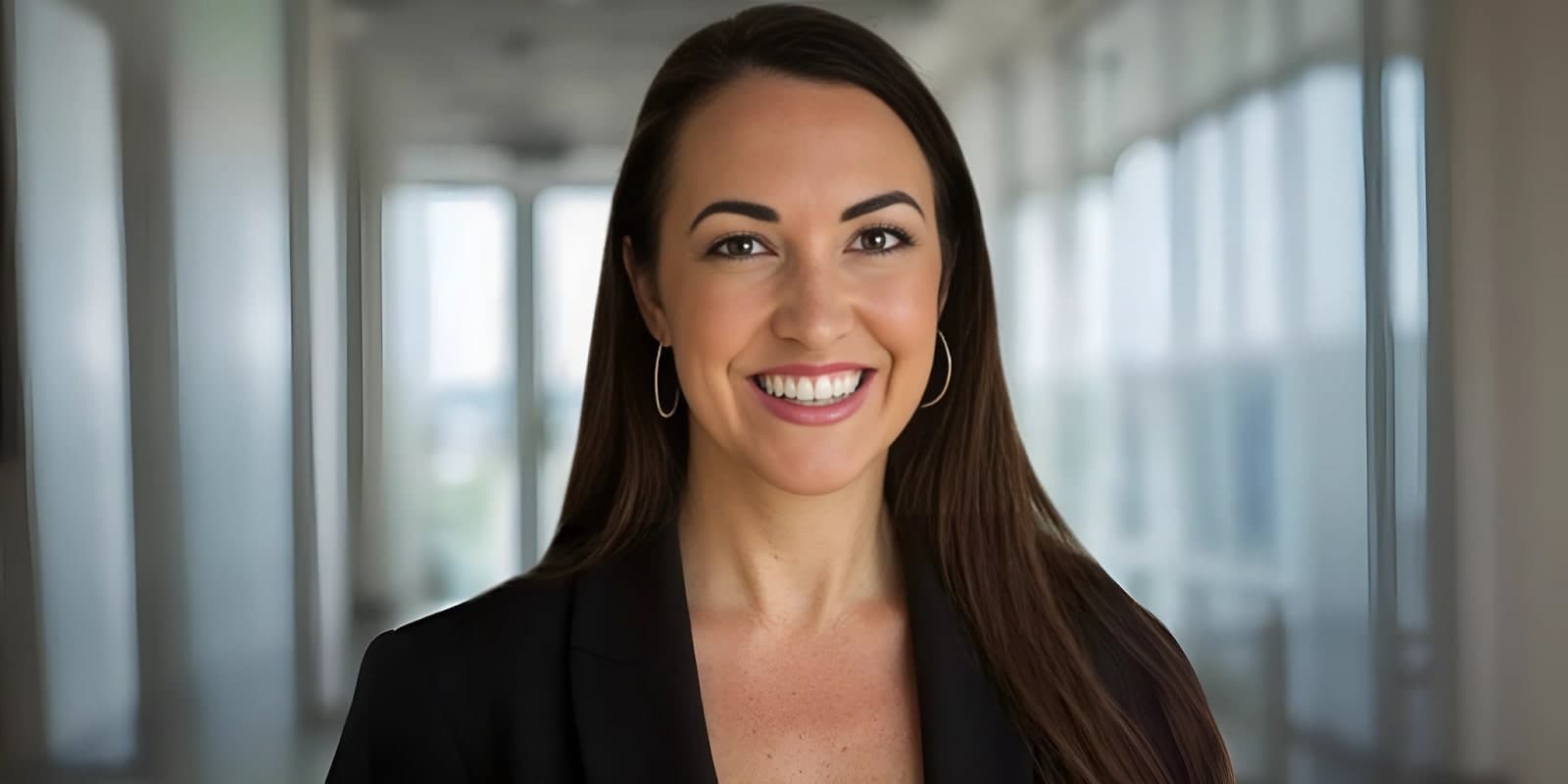 Heidi DeCoux, founder of Cashflowy, smiles confidently while standing in a modern office space, embodying entrepreneurial empowerment.