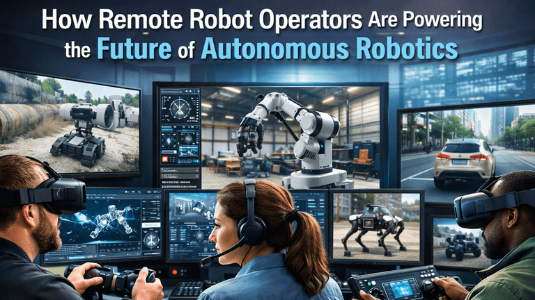 Remote operators using VR headsets control industrial, exploration, and autonomous robots through multiple monitoring screens and teleoperation systems.