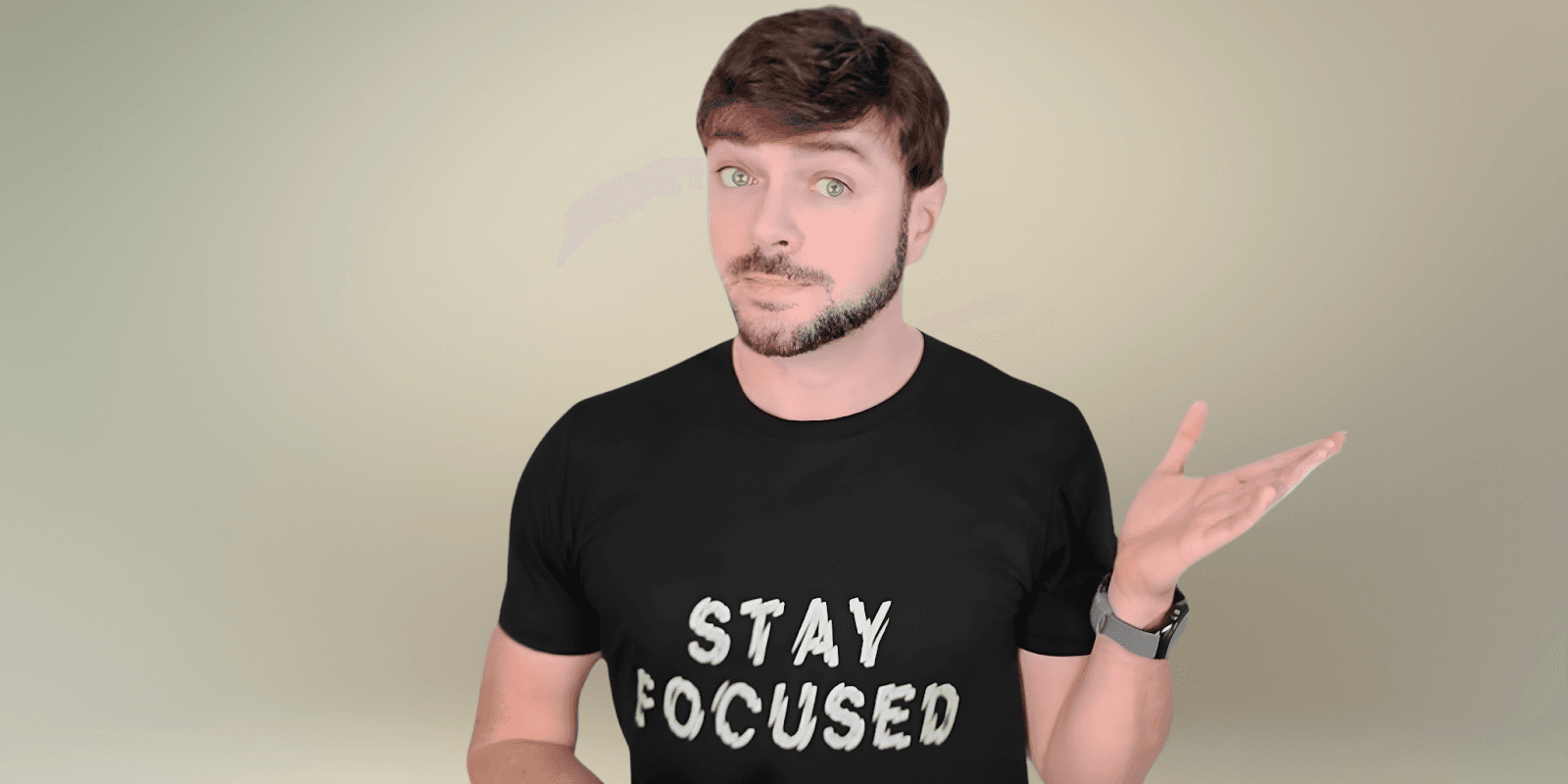 Chris Gibson, holistic esthetician, shares skincare tips in a 'Stay Focused' t-shirt, embodying a natural beauty philosophy.