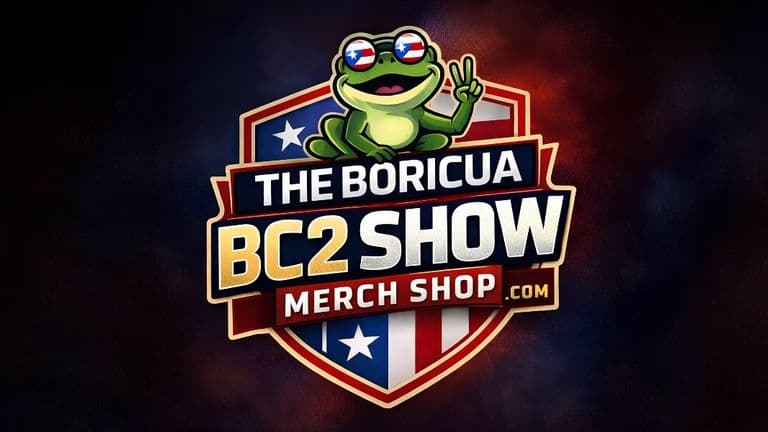 The Boricuabc2 Show logo with a cartoon frog over a Puerto Rican flag shield and merch shop branding.
