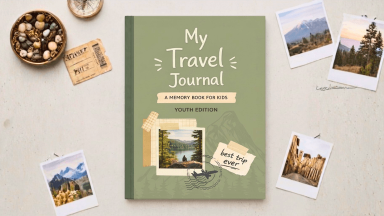 Green “My Travel Journal” kids memory book surrounded by travel photos and keepsakes on a neutral background.