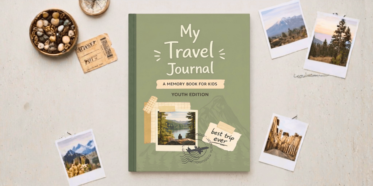Green “My Travel Journal” kids memory book surrounded by travel photos and keepsakes on a neutral background.