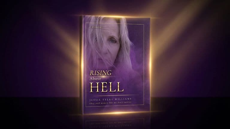Glowing book cover of Rising Above Hell surrounded by radiant golden light.