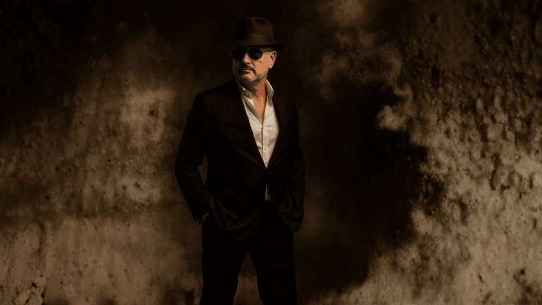 DJ Beba in dark suit and hat standing against textured brown background.