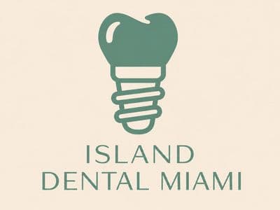 Island Dental Miami logo featuring a green tooth shaped like a dental implant.