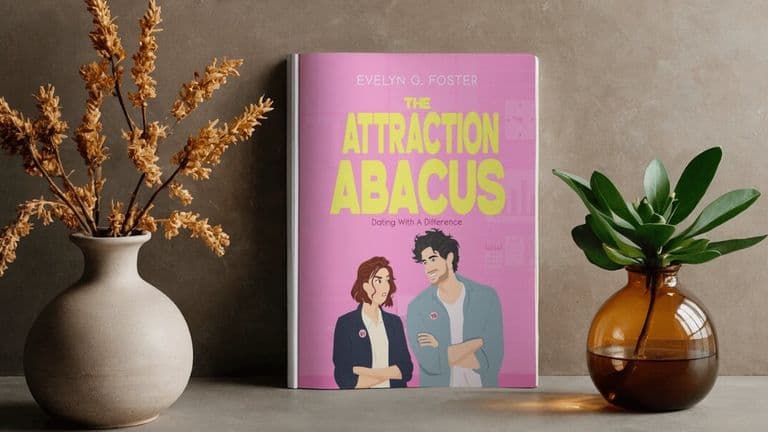 A romance book titled "The Attraction Abacus" by Evelyn G. Foster is centered between two vases, one with dried flowers and the other with a green plant.