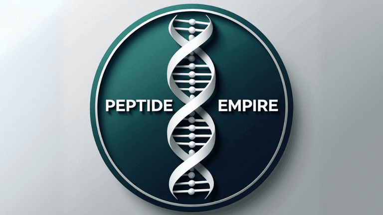 Peptide Empire logo featuring DNA helix symbol with bold text in a clean, modern design.