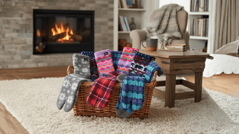 Cozy basket filled with colorful Polar Feet fleece socks placed near a warm fireplace, evoking comfort and warmth.