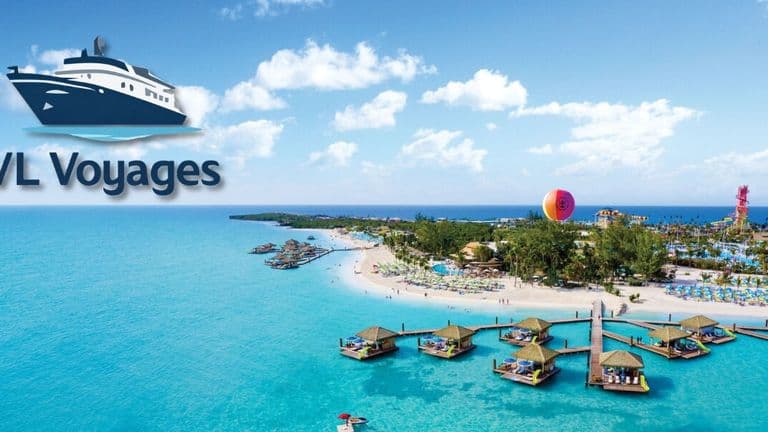 Aerial view of turquoise Caribbean island with overwater bungalows and VL Voyages logo promoting luxury personalized cruise experiences tailored getaways.
