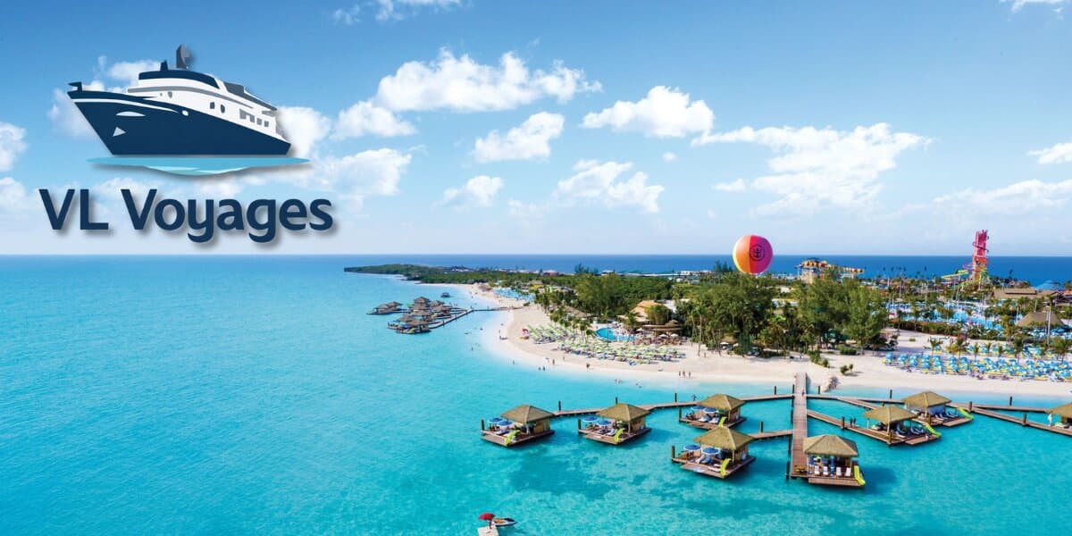 Aerial view of turquoise Caribbean island with overwater bungalows and VL Voyages logo promoting luxury personalized cruise experiences tailored getaways.