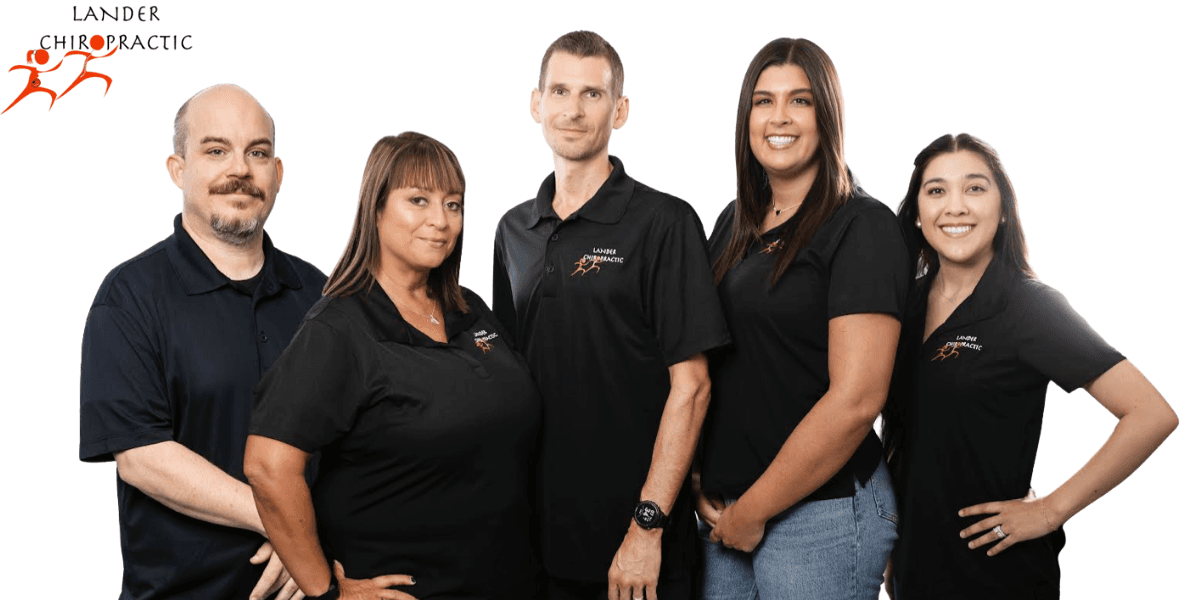Lander Chiropractic team smiling together, representing personalized, family-focused chiropractic and acupuncture care in Brea for all ages.