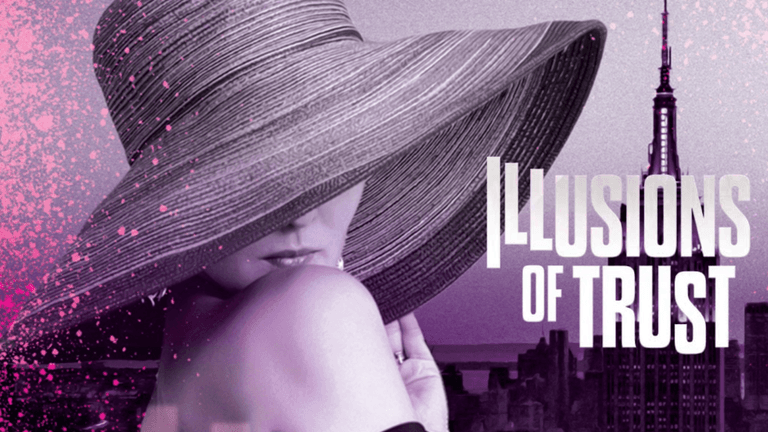 "Book cover of 'Illusions of Trust' by Jeffrey S. Stephens, featuring a woman in a hat and New York City skyline."