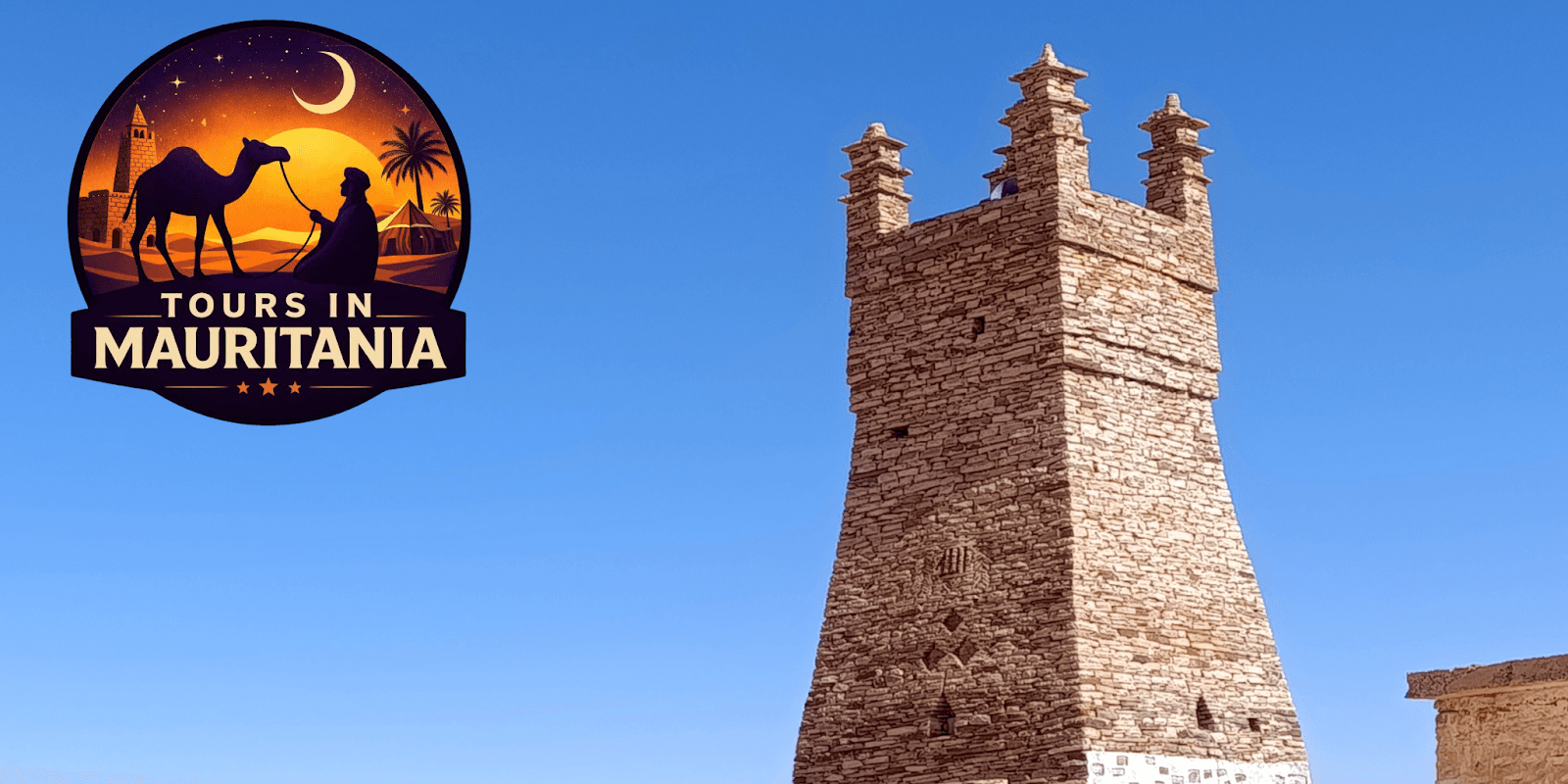 Tours in Mauritania with a silhouette of a camel and a traveler against a desert backdrop, highlighting the company’s focus on authentic, locally-led travel experiences in Mauritania.