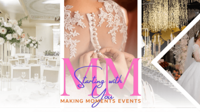 Elegant wedding decor and bride's dress showcasing luxury event planning on a budget.