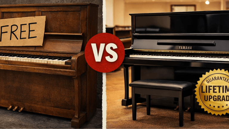 Used piano in showroom, highlighting professional inspection, repair, and moving services, emphasizing quality, reliability, and music community support