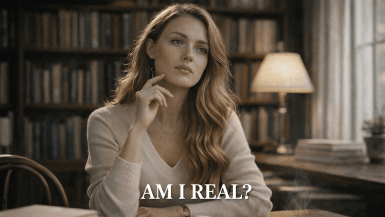 Woman sitting in a library contemplating with the text 'Am I real?' reflecting the blurred line between synthetic and authentic visuals.