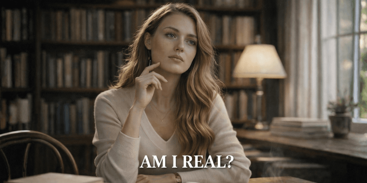 Woman sitting in a library contemplating with the text 'Am I real?' reflecting the blurred line between synthetic and authentic visuals.