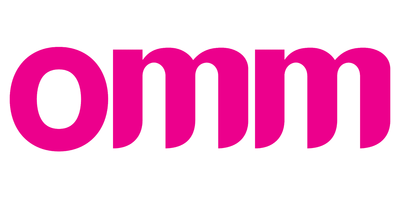 The bold, pink 'OMM' logo representing a brand in a clean, minimalistic style.