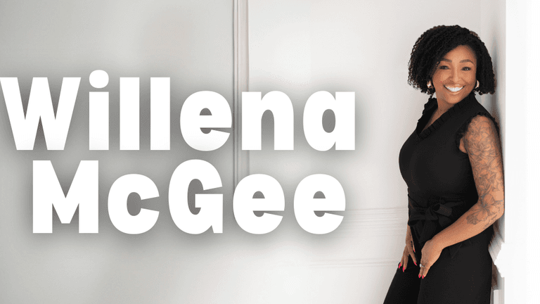 "Willena McGee posing in a black jumpsuit, with her name 'Willena McGee' in bold white text over a soft, light-colored background, showcasing her professional presence."