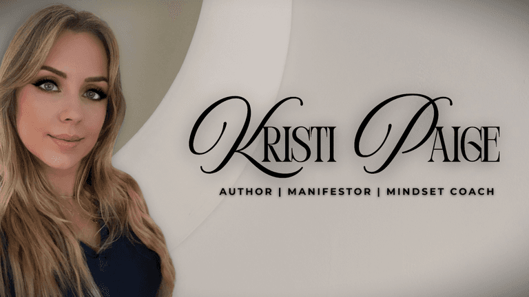 Kristi Paige, manifestation author and mindset coach, with text highlighting her roles and transformative spiritual work.