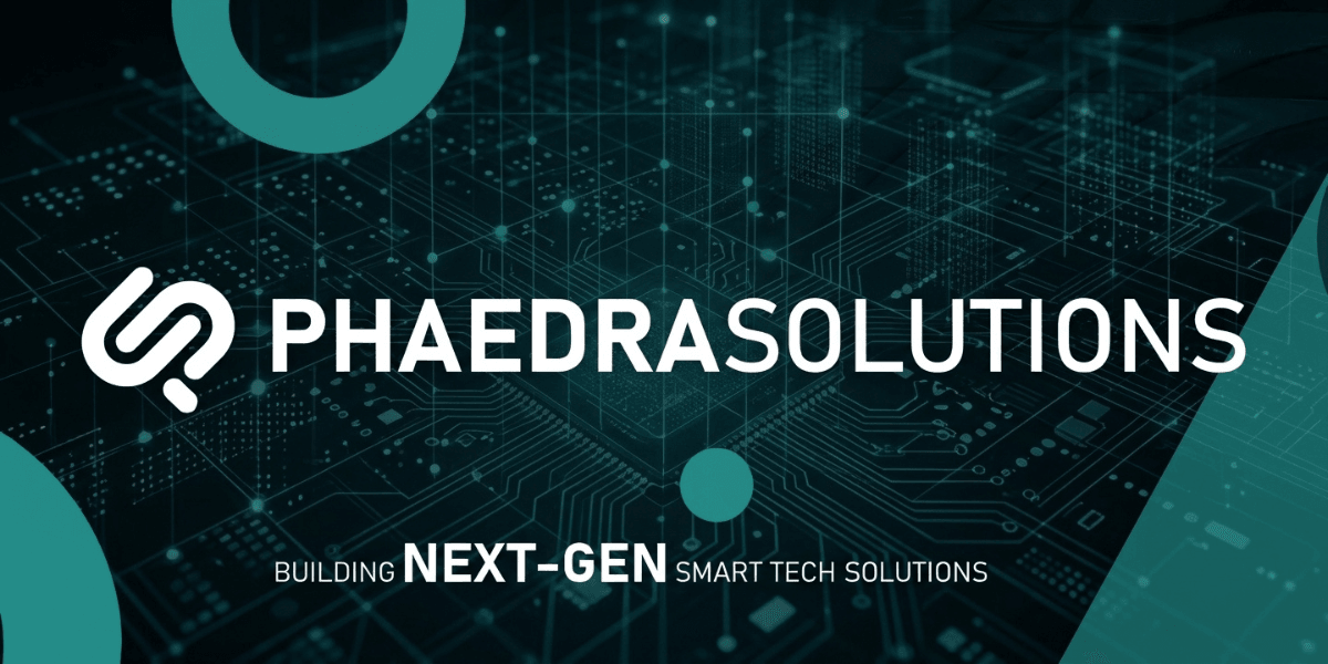 Logo of Phaedra Solutions with a tech-inspired background and slogan about smart tech solutions